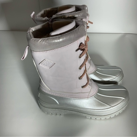 Sperry Kid’s Trailboard Boot Pink Shaft Laces Silver Upper Rubber Sole Zipper 3M - Picture 7 of 14
